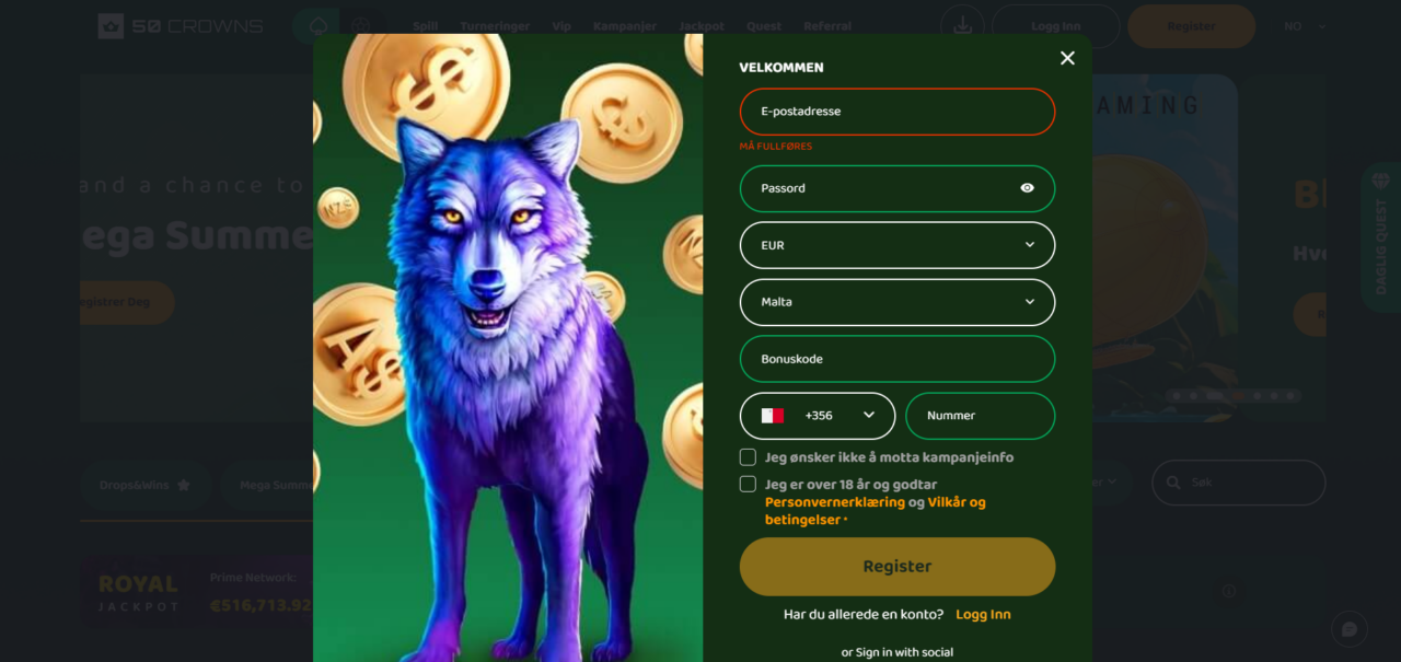 Hvordan åpne en konto på 50 Crowns Casino